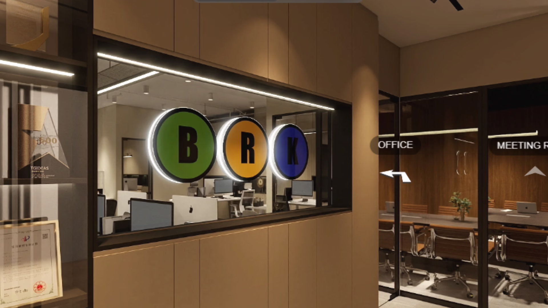 BRK office interior: modern workspace with glass wall and BRK logo.